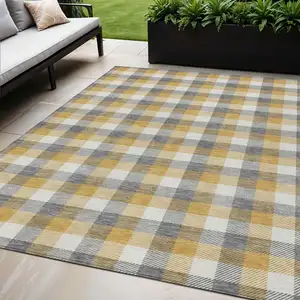 Photo of Gray Tan And Beige Plaid Washable Indoor Outdoor Area Rug