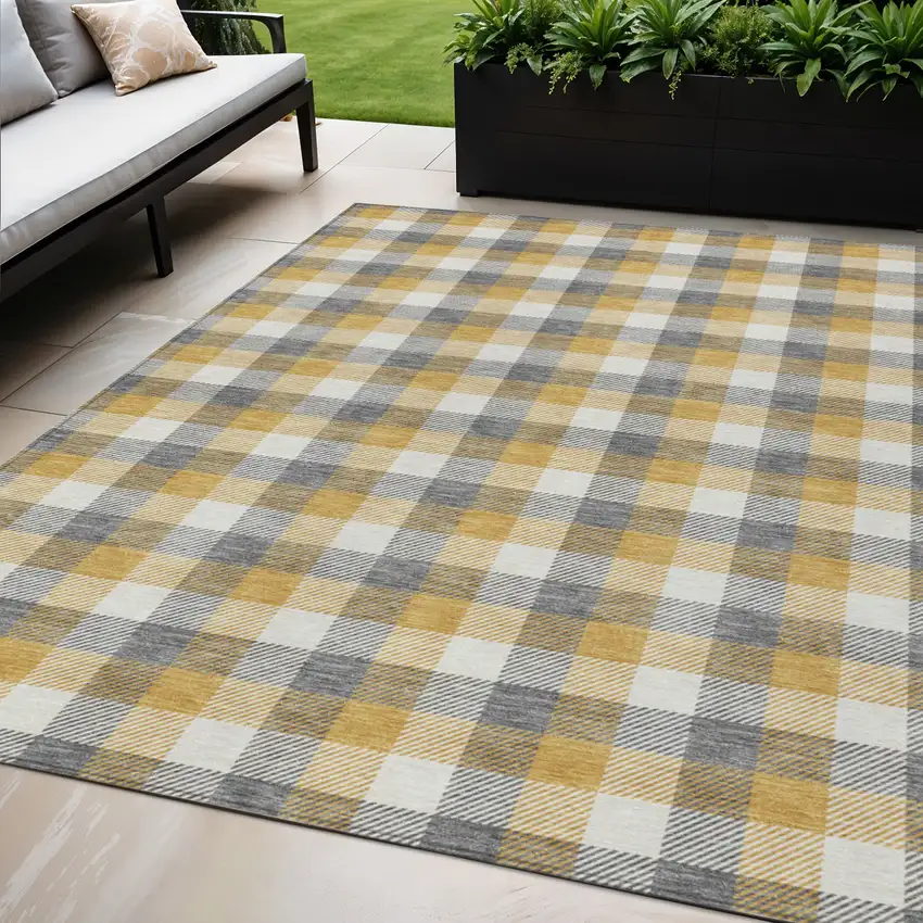 Gray Tan And Beige Plaid Washable Indoor Outdoor Area Rug Photo 1