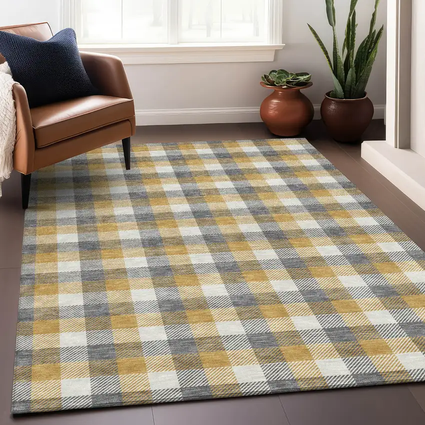 Gray Tan And Beige Plaid Washable Indoor Outdoor Area Rug Photo 8