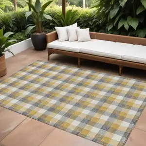 Photo of Gray Tan And Beige Plaid Washable Indoor Outdoor Area Rug