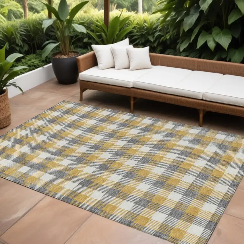 Gray Tan And Beige Plaid Washable Indoor Outdoor Area Rug Photo 1