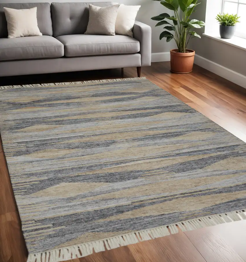 Gray and Ivory Abstract Hand Woven Area Rug With Fringe Photo 1