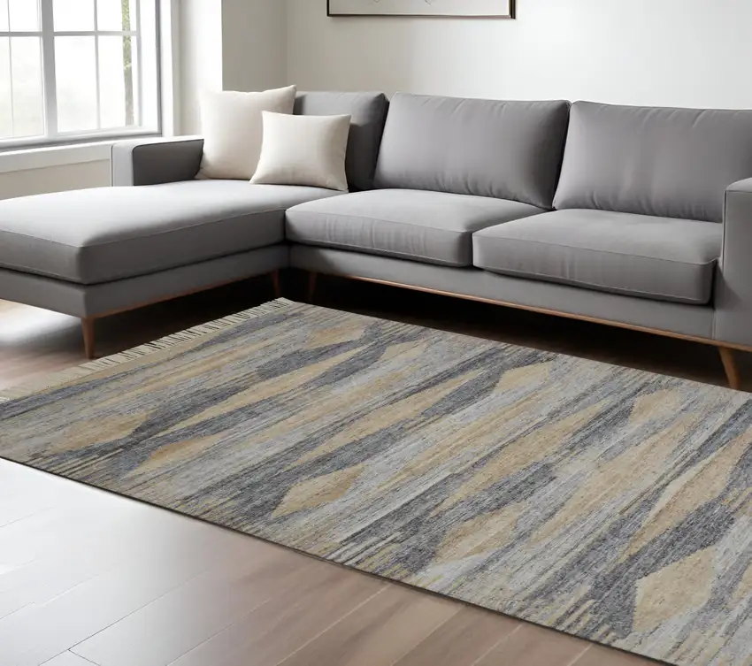 Gray and Ivory Abstract Hand Woven Area Rug With Fringe Photo 1