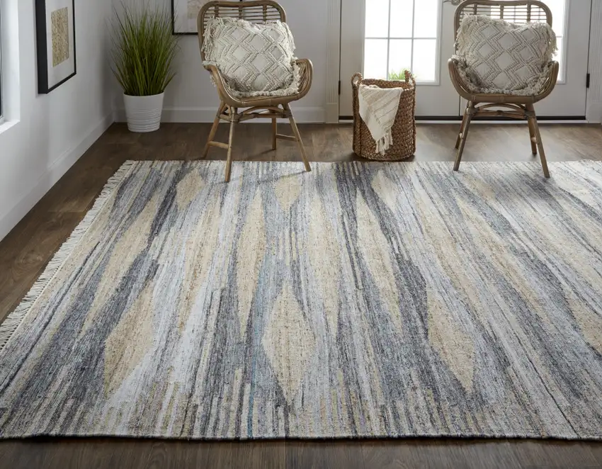 Gray Tan And Silver Abstract Hand Woven Stain Resistant Area Rug With Fringe Photo 6