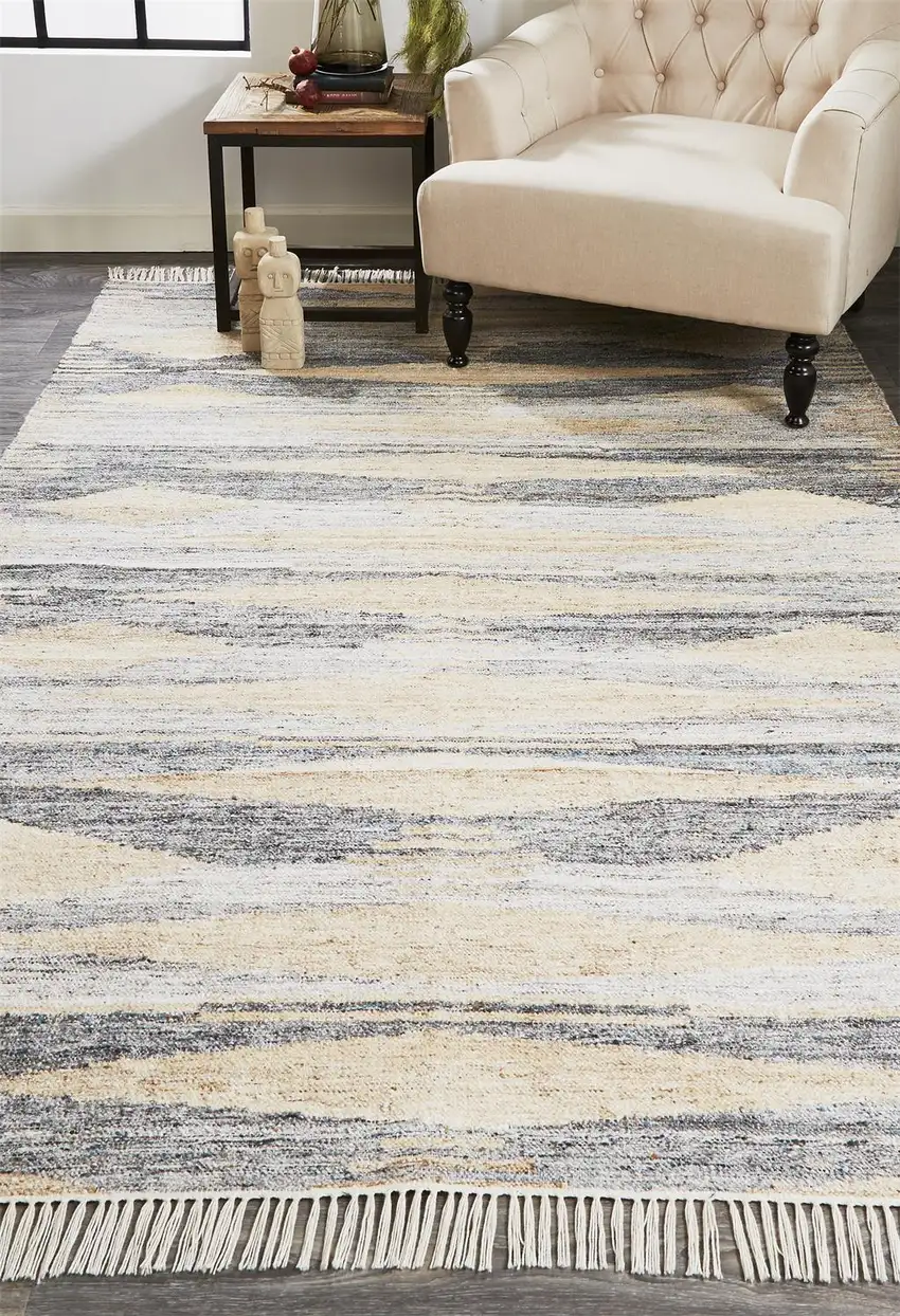 Gray Tan And Silver Abstract Hand Woven Stain Resistant Area Rug With Fringe Photo 7