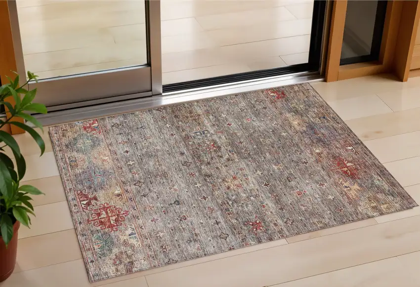 Gray Tan And Terra Cotta Floral Washable Indoor Outdoor Area Rug Photo 1