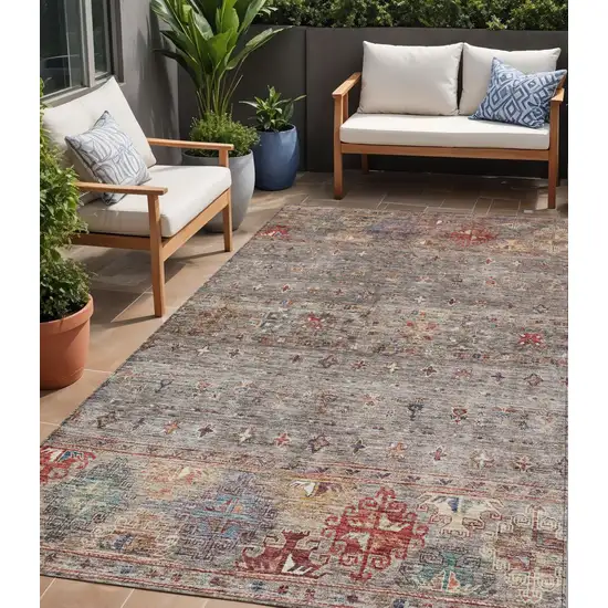 Gray Tan And Terra Cotta Floral Washable Indoor Outdoor Area Rug Photo 1
