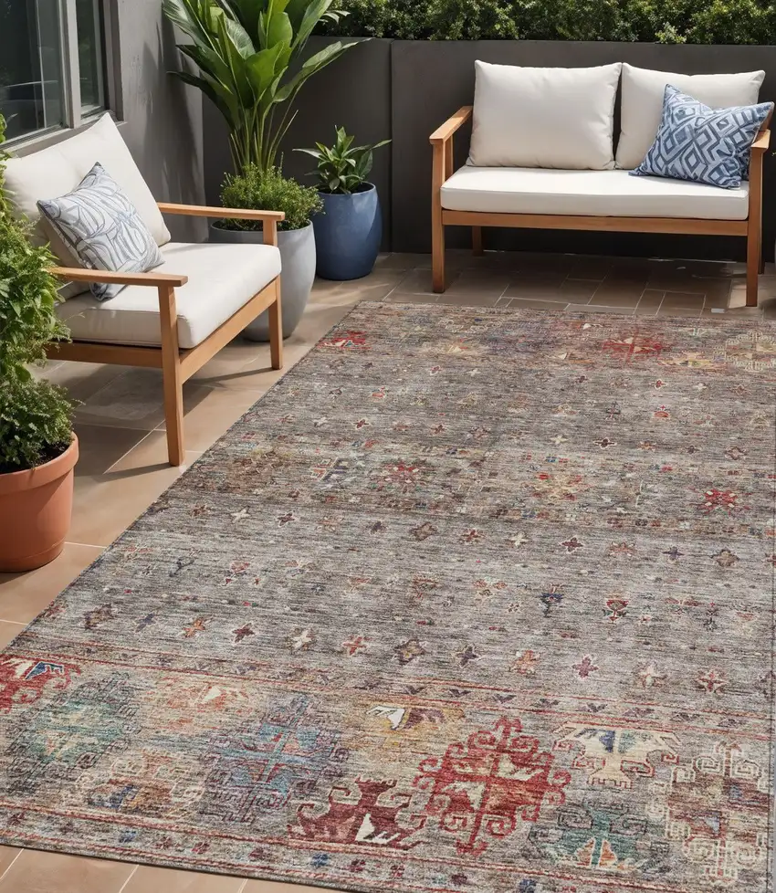 Gray Tan And Terra Cotta Floral Washable Indoor Outdoor Area Rug Photo 1