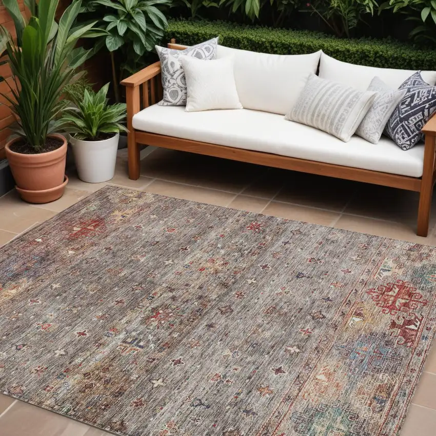 Gray Tan And Terra Cotta Floral Washable Indoor Outdoor Area Rug Photo 1