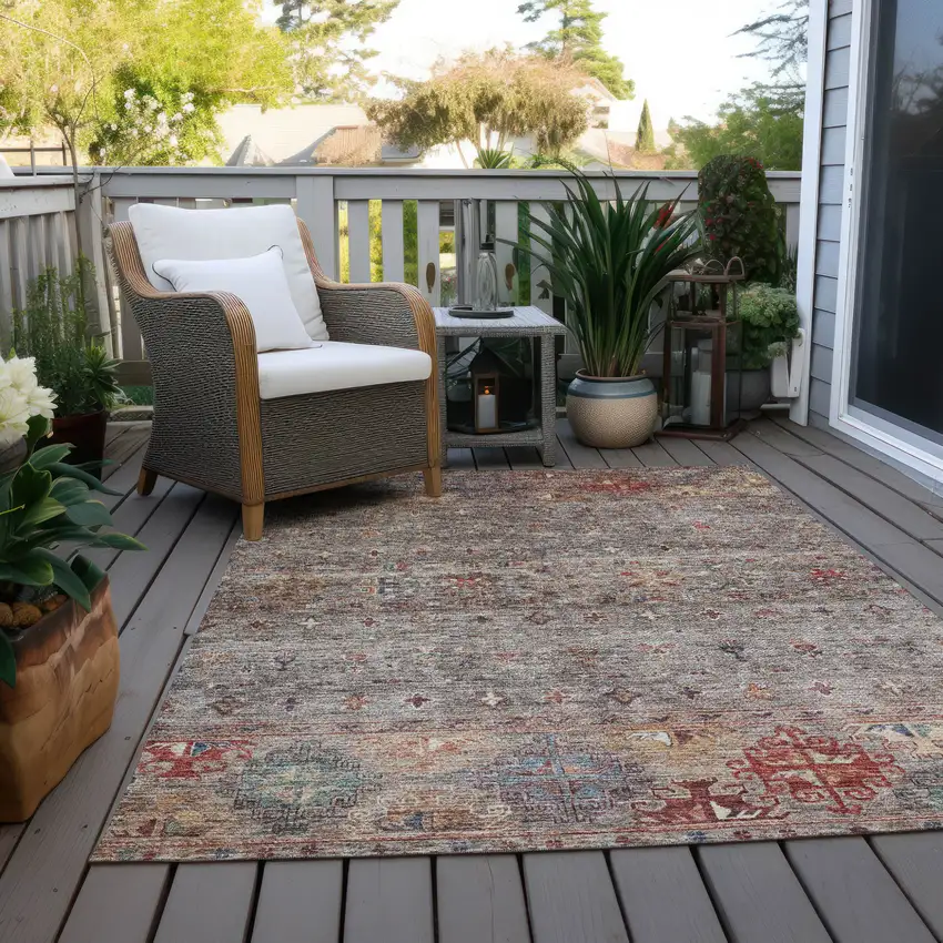 Gray Tan And Terra Cotta Floral Washable Indoor Outdoor Area Rug Photo 9