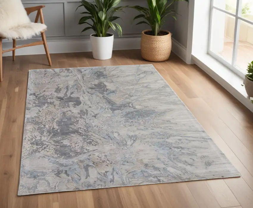 Gray Tan and Green Abstract Hand Tufted Worn Faded Area Rug Photo 1