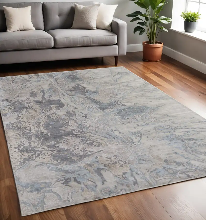 Gray Tan And Blue Abstract Hand Tufted Distressed Area Rug Photo 1