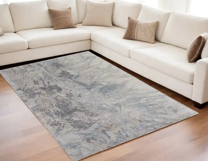 Gray Tan and Green Abstract Hand Tufted Worn Faded Area Rug Photo 1