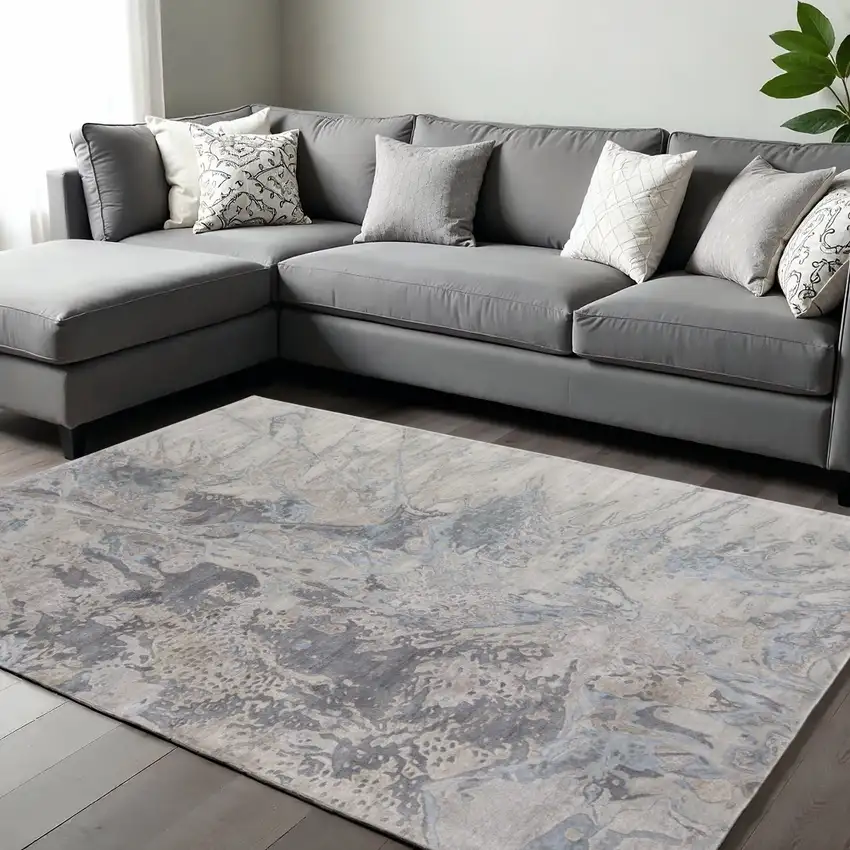 Gray Tan And Blue Abstract Hand Tufted Distressed Area Rug Photo 1