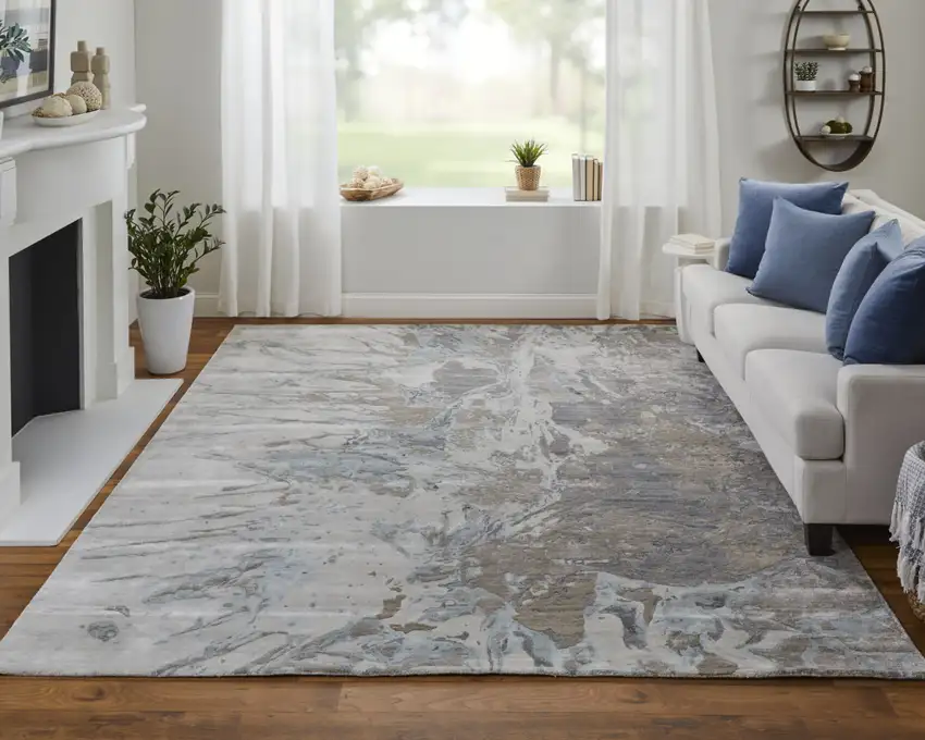 Gray Tan and Green Abstract Hand Tufted Worn Faded Area Rug Photo 9