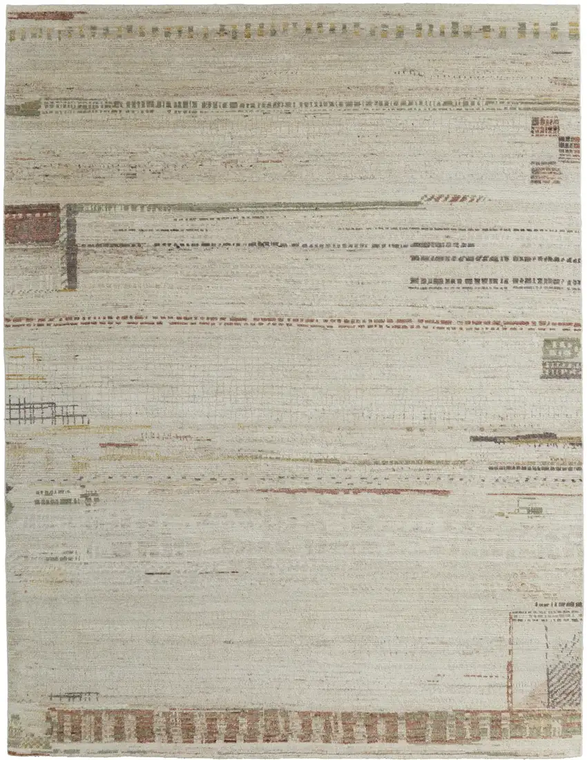 Gray Tan and Green Wool Abstract Hand Knotted Area Rug Photo 5