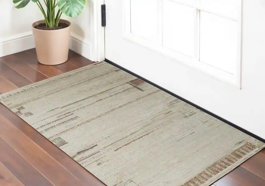 Gray Tan and Green Wool Abstract Hand Knotted Area Rug Photo 1