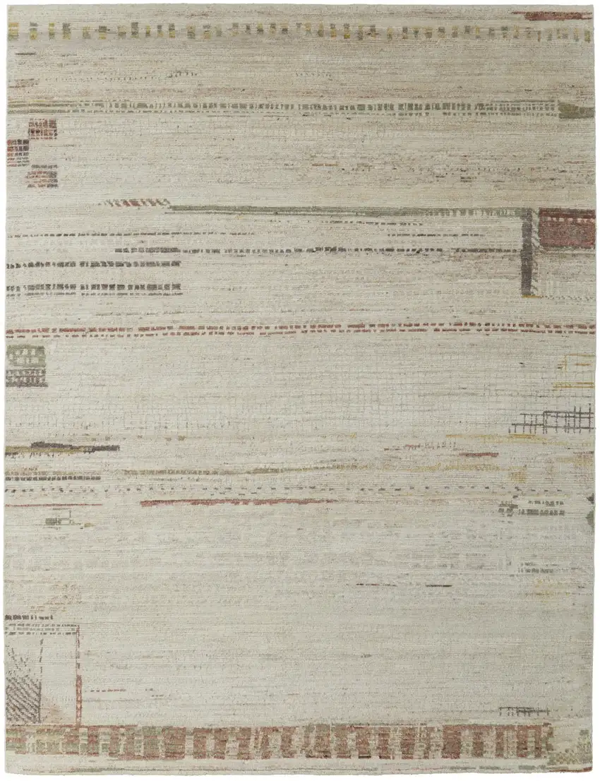 Gray Tan and Green Wool Abstract Hand Knotted Area Rug Photo 2