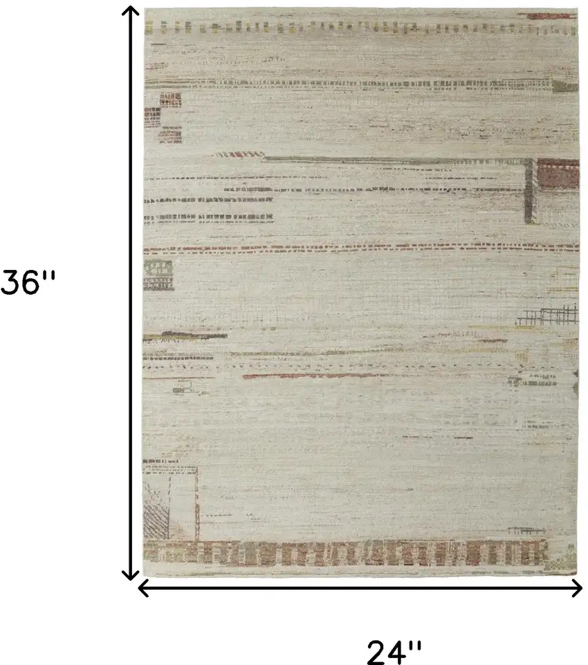 Gray Tan and Green Wool Abstract Hand Knotted Area Rug Photo 3