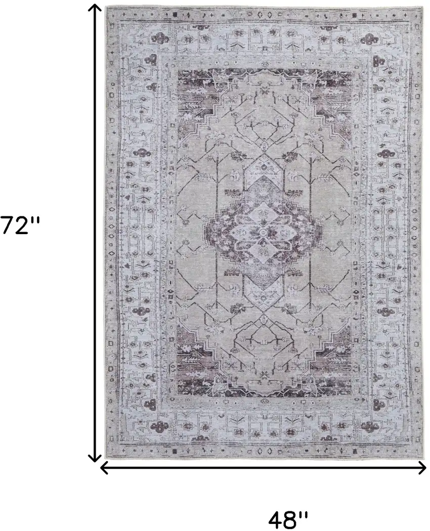 Gray Tan and Ivory Oriental Power Loom Worn Faded Washable Area Rug Photo 3