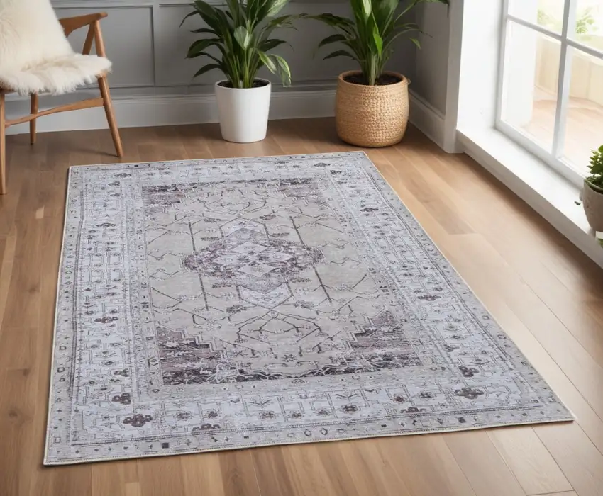 Gray Tan and Ivory Oriental Power Loom Worn Faded Washable Area Rug Photo 1