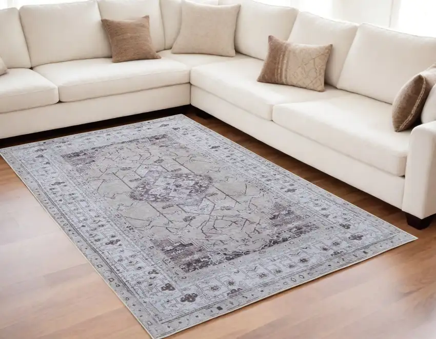 Gray Tan and Ivory Oriental Power Loom Worn Faded Washable Area Rug Photo 1