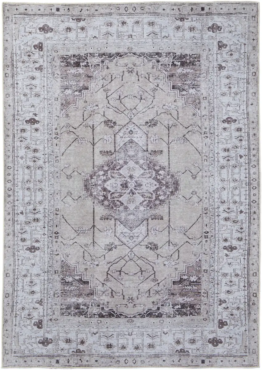 Gray Tan and Ivory Oriental Power Loom Worn Faded Washable Area Rug Photo 6