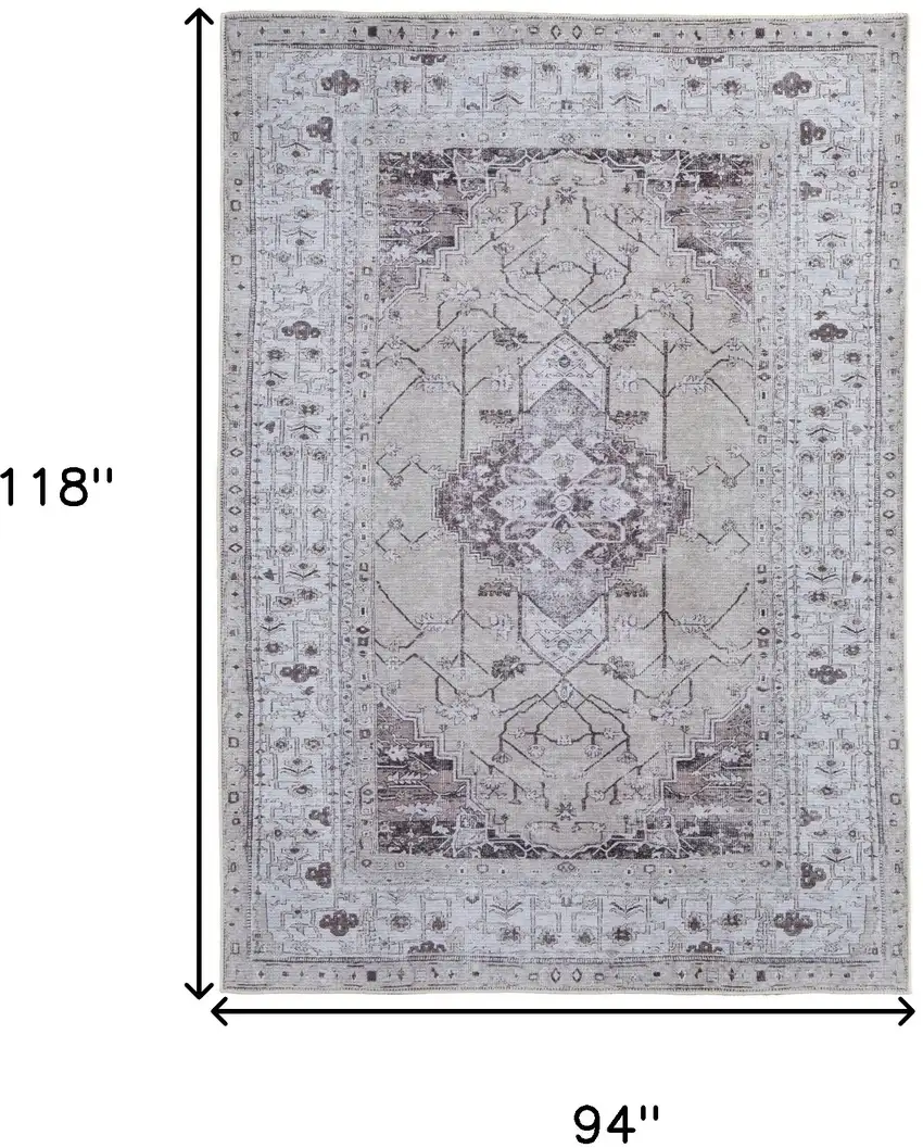Gray Tan and Ivory Oriental Power Loom Worn Faded Washable Area Rug Photo 3
