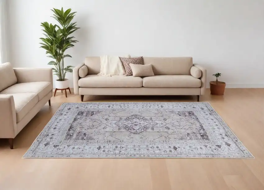 Gray Tan and Ivory Oriental Power Loom Worn Faded Washable Area Rug Photo 1