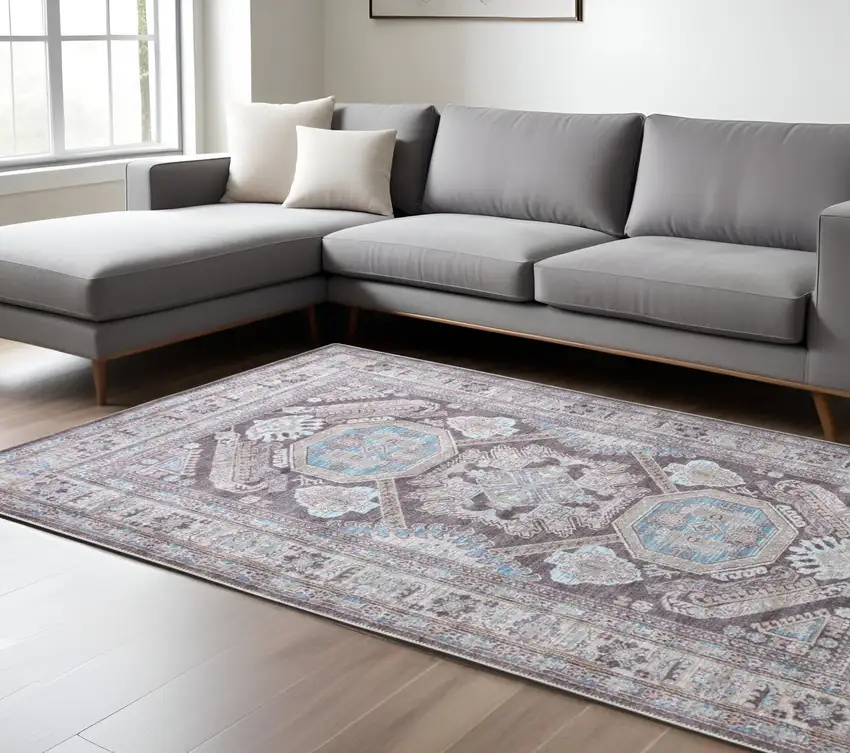 Blue and Gray Floral Area Rug Photo 2