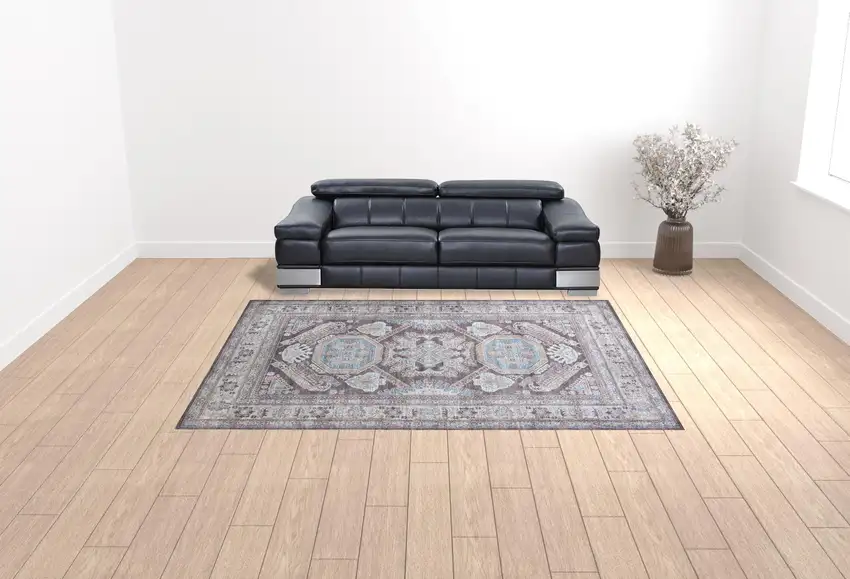 Gray Taupe And Blue Floral Area Rug Photo 3