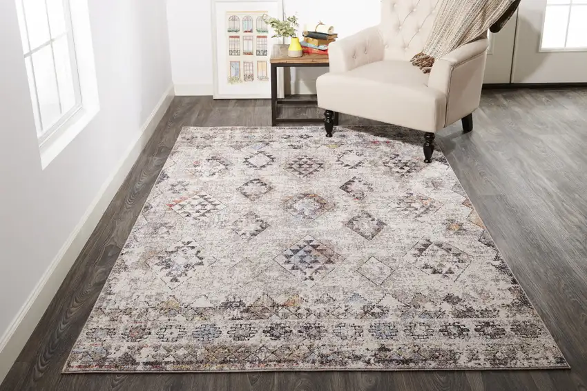 Gray Taupe And Blue Geometric Stain Resistant Area Rug Photo 6