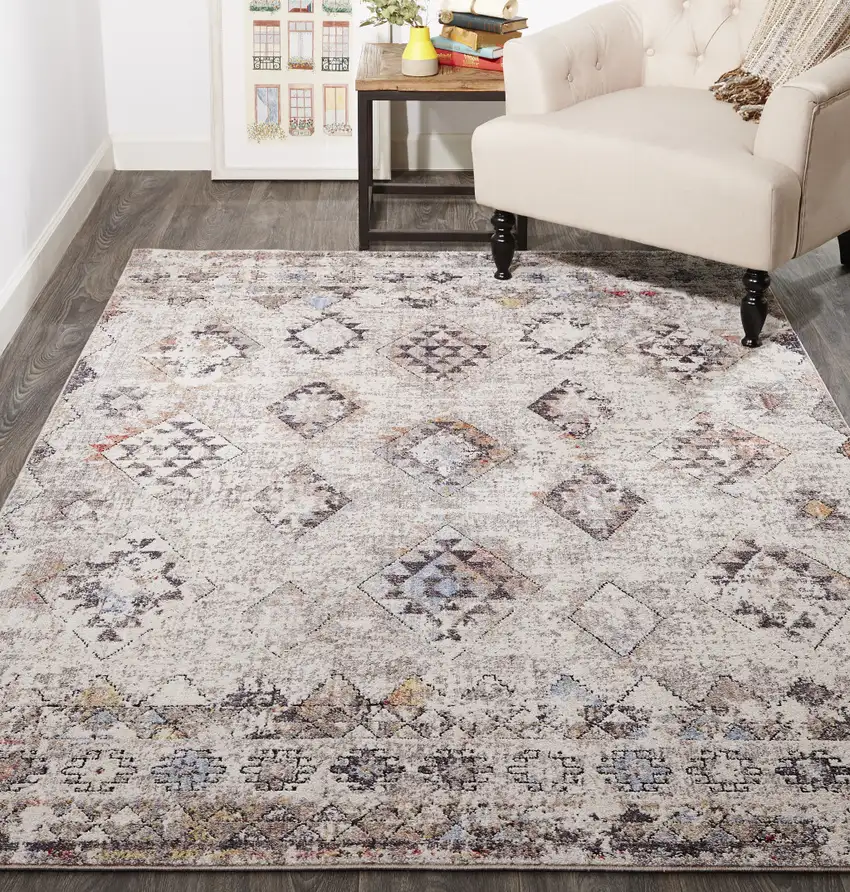 Gray Taupe And Blue Geometric Stain Resistant Area Rug Photo 7