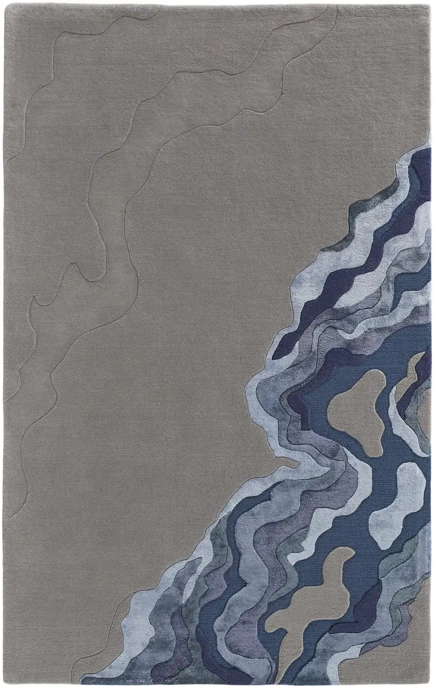 Gray Taupe And Blue Wool Abstract Tufted Handmade Area Rug Photo 7