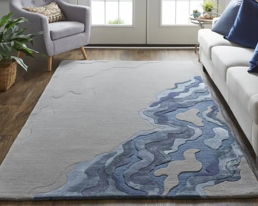 Gray Taupe And Blue Wool Abstract Tufted Handmade Area Rug Photo 2