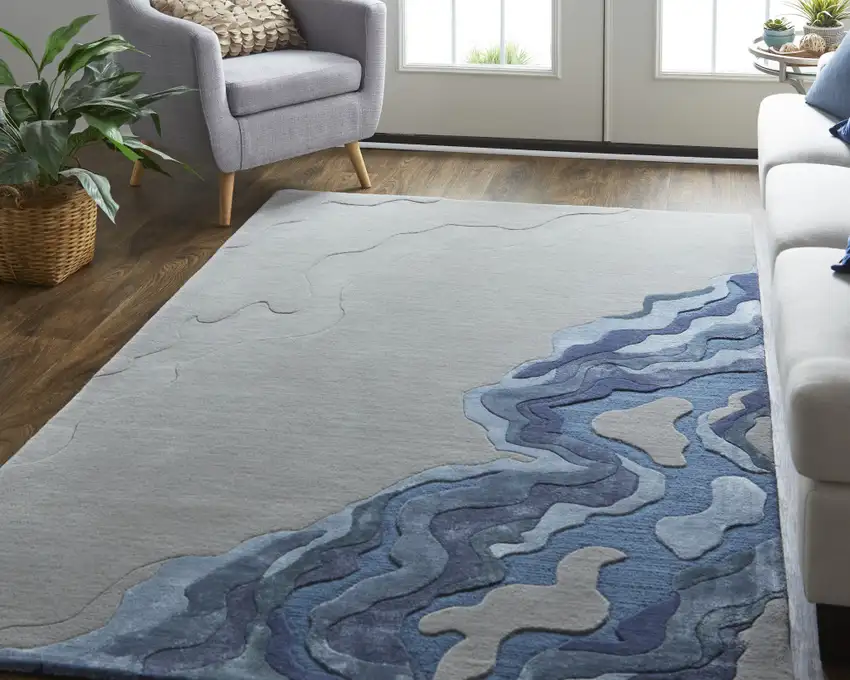 Gray Taupe And Blue Wool Abstract Tufted Handmade Area Rug Photo 3