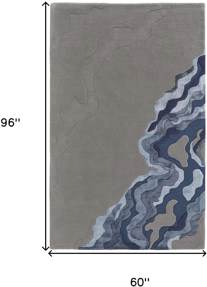 Gray Taupe And Blue Wool Abstract Tufted Handmade Area Rug Photo 10