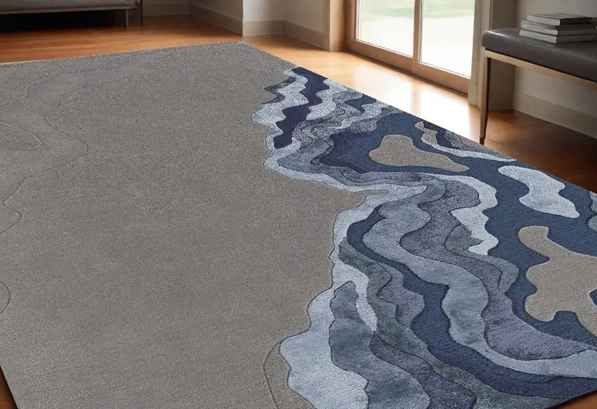 Blue and Gray Wool Abstract Hand Tufted Area Rug Photo 1