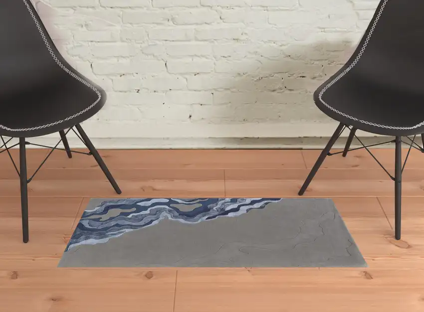 Gray Taupe And Blue Wool Abstract Tufted Handmade Area Rug Photo 2