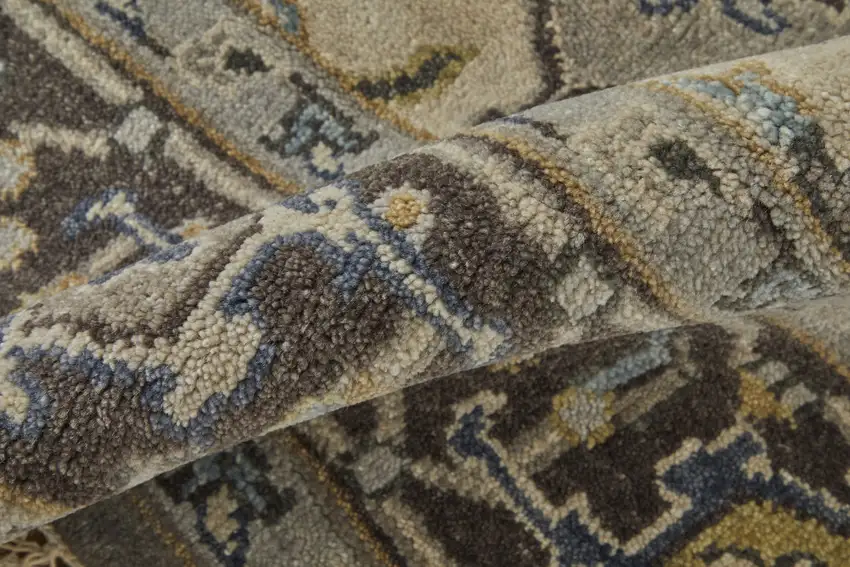 Gray Taupe And Blue Wool Floral Hand Knotted Stain Resistant Area Rug Photo 7