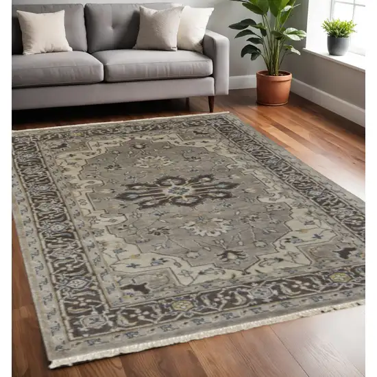Beige Blue And Gray Wool Medallion Hand Knotted Area Rug Photo 1