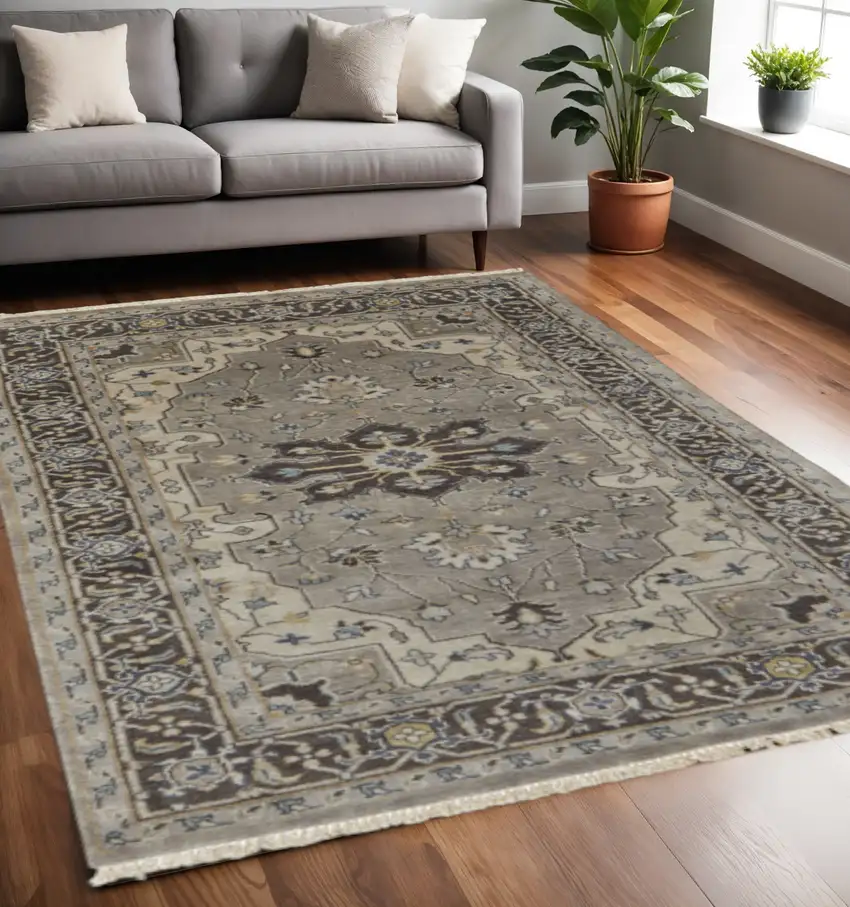 Beige Blue And Gray Wool Medallion Hand Knotted Area Rug Photo 1