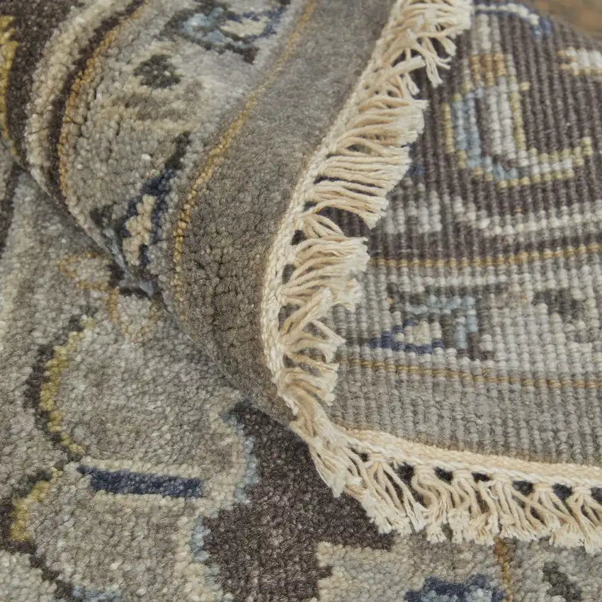 Beige Blue And Gray Wool Medallion Hand Knotted Area Rug Photo 4