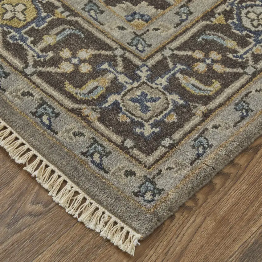 Beige Blue And Gray Wool Medallion Hand Knotted Area Rug Photo 5