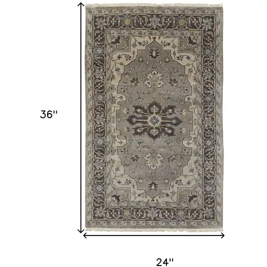 Beige Blue And Gray Wool Medallion Hand Knotted Area Rug Photo 3