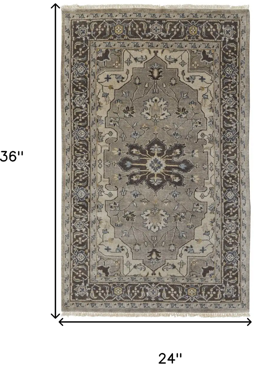 Beige Blue And Gray Wool Medallion Hand Knotted Area Rug Photo 3