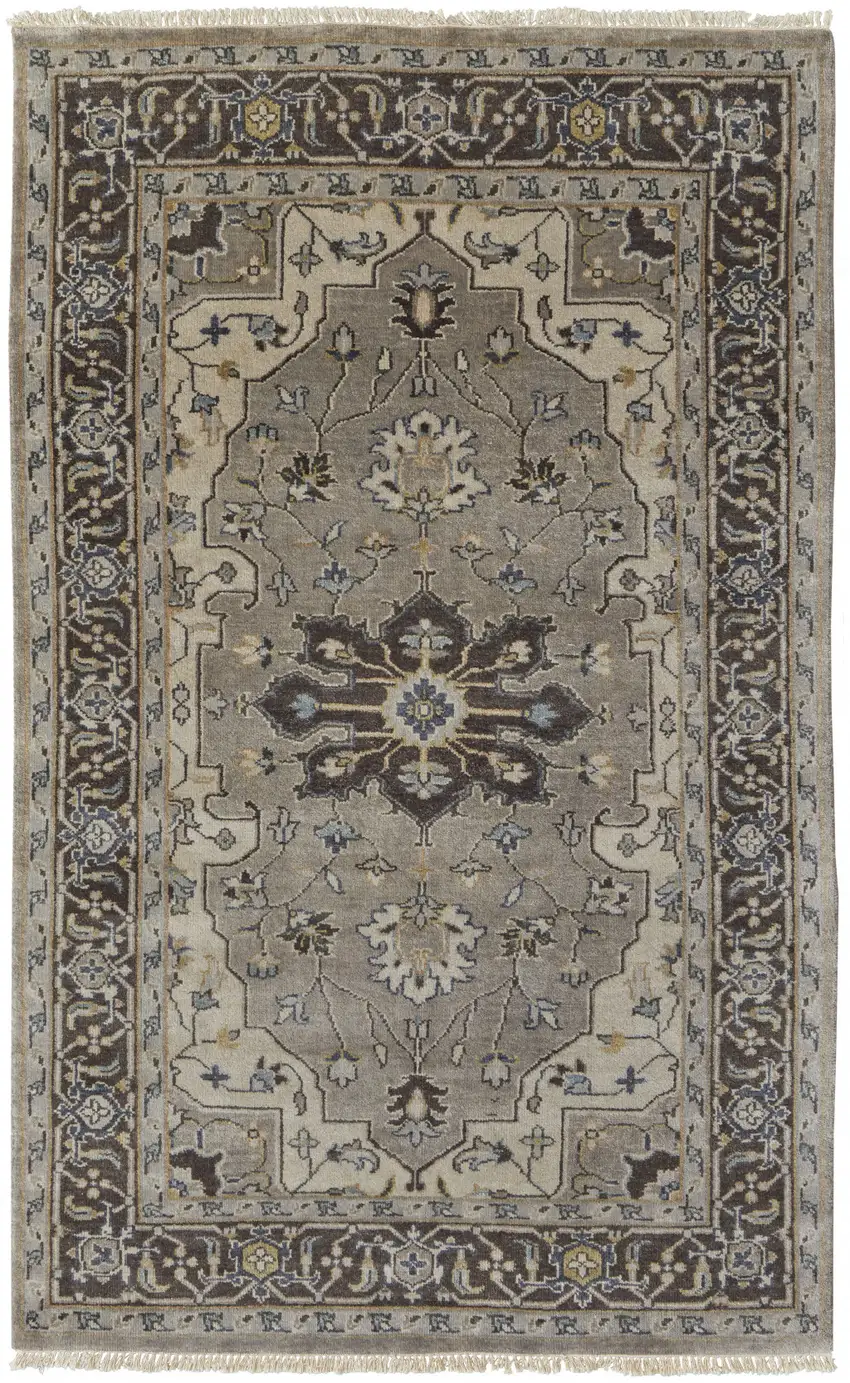 Beige Blue And Gray Wool Medallion Hand Knotted Area Rug Photo 2