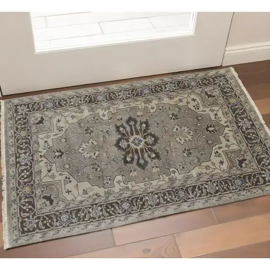 Beige Blue And Gray Wool Medallion Hand Knotted Area Rug Photo 1