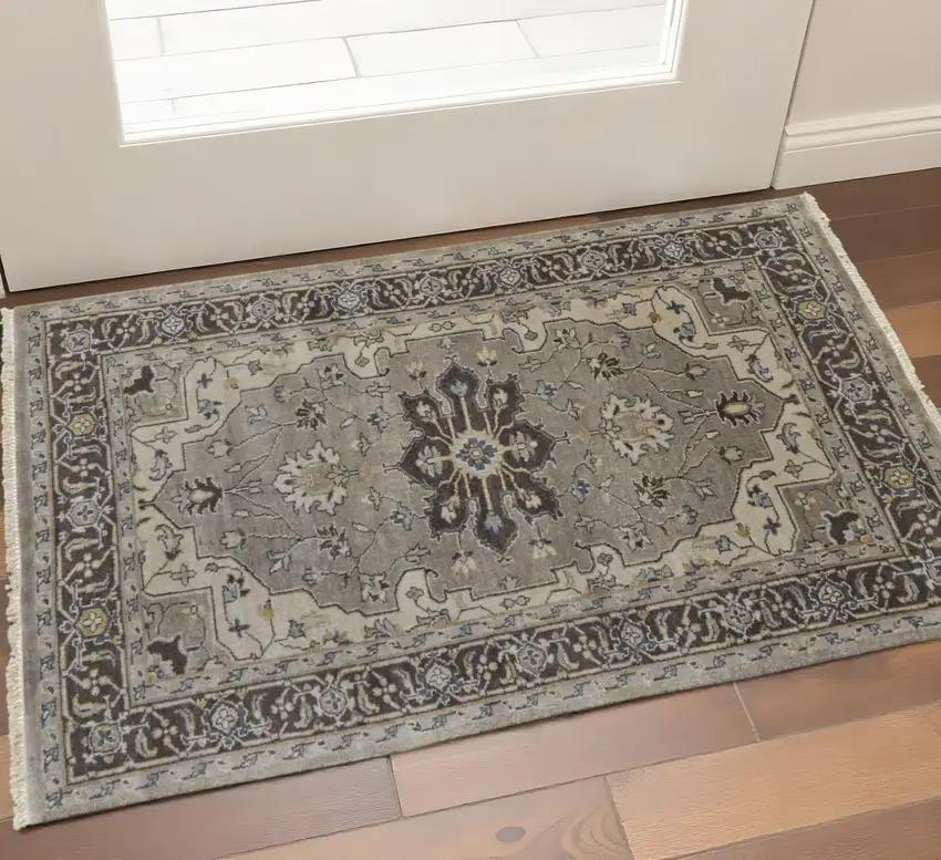 Beige Blue And Gray Wool Medallion Hand Knotted Area Rug Photo 1