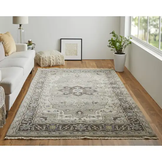 Beige Blue And Gray Wool Medallion Hand Knotted Area Rug Photo 6
